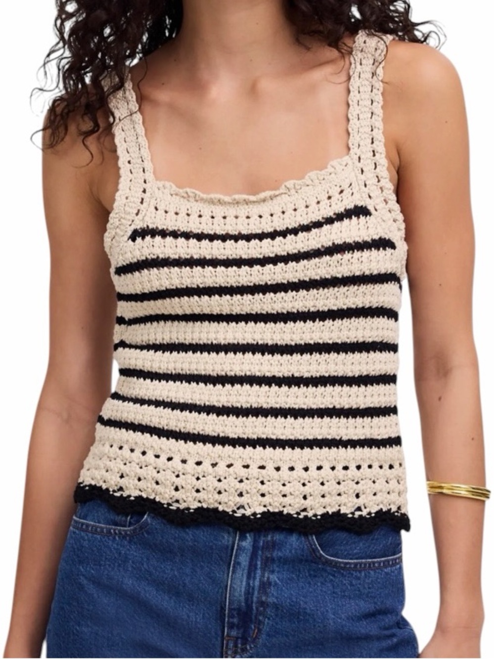Madewell Black/Cream Striped Crochet Sweater Tank Top L